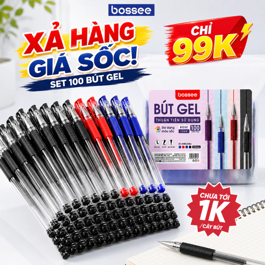 Set 100 Bút bi nước bút gel ngòi 0.5mm 4 màu mực đen/xanh/đỏ/tím - Bút mực nước học sinh mực ra đều đậm, khô nhanh