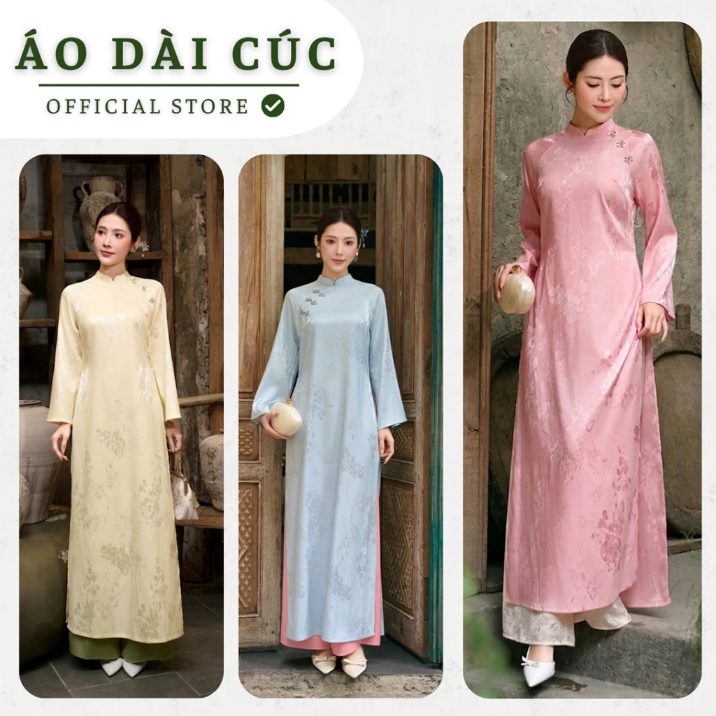 Áo dài THIÊN ĐIỆP , dáng cách tân tay loe dài, đính charm cách điệu phù hợp các dịp lễ tết đi chơi - Áo Dài Cúc