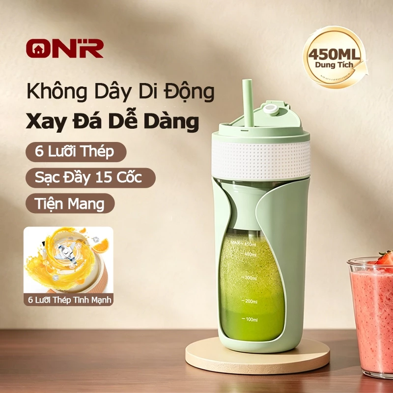 ONR-Máy Xay Sinh Tố Cầm Tay, Dung Tích Lớn 450 ML, Nắp Đôi, Nhấn 2 Lần Để Bật