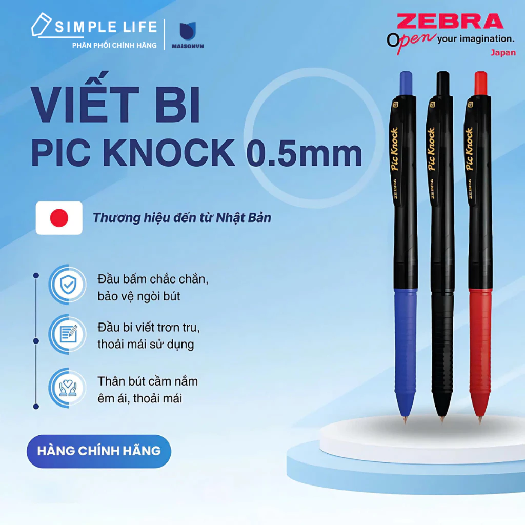 Viết Bi Bấm Zebra Ngòi 0.5mm Xanh, Đỏ, Đen FUTUREBOOK Phân Phối Chính Hãng - PIC KNOCK