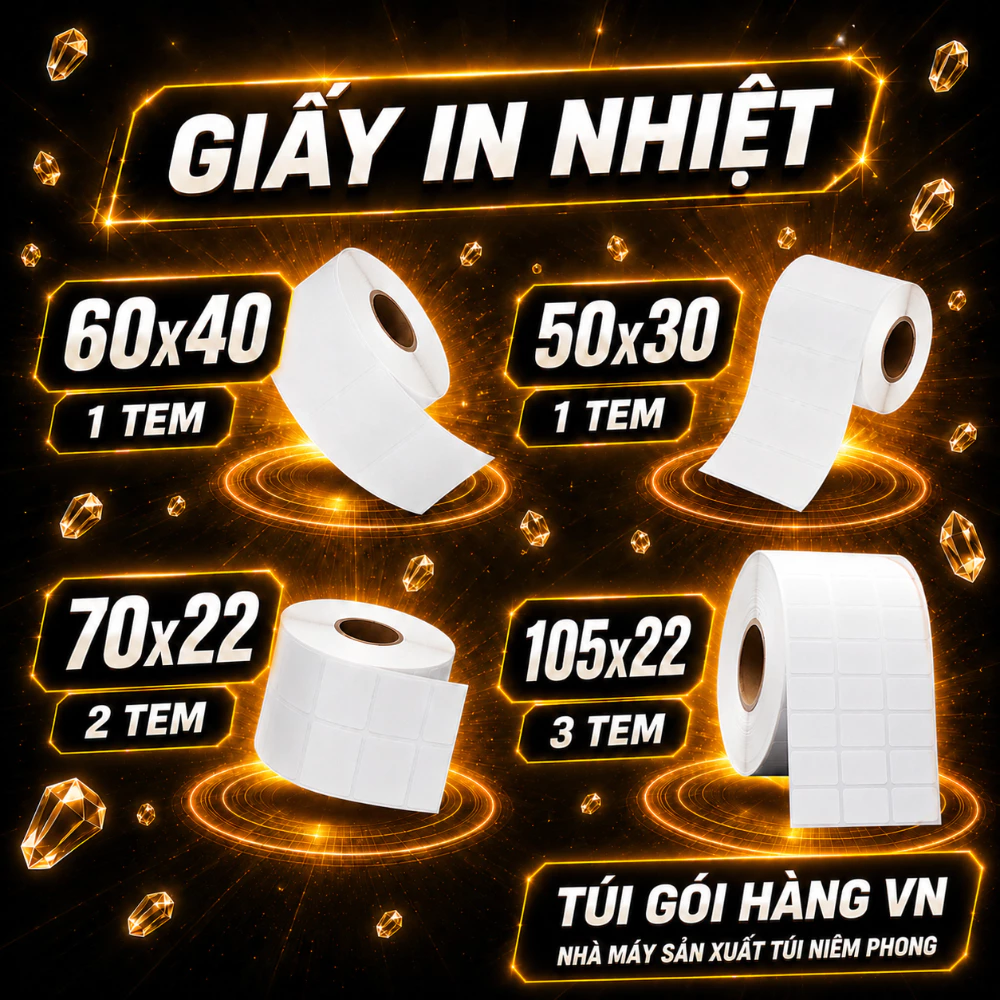 Tem In Nhiệt 50x30mm, 60x40mm, Tem 2 Hàng 70x22mm, 3 Hàng 105x22mm, Có Keo Dán Sẵn - Giá Đã Bao Gồm VAT
