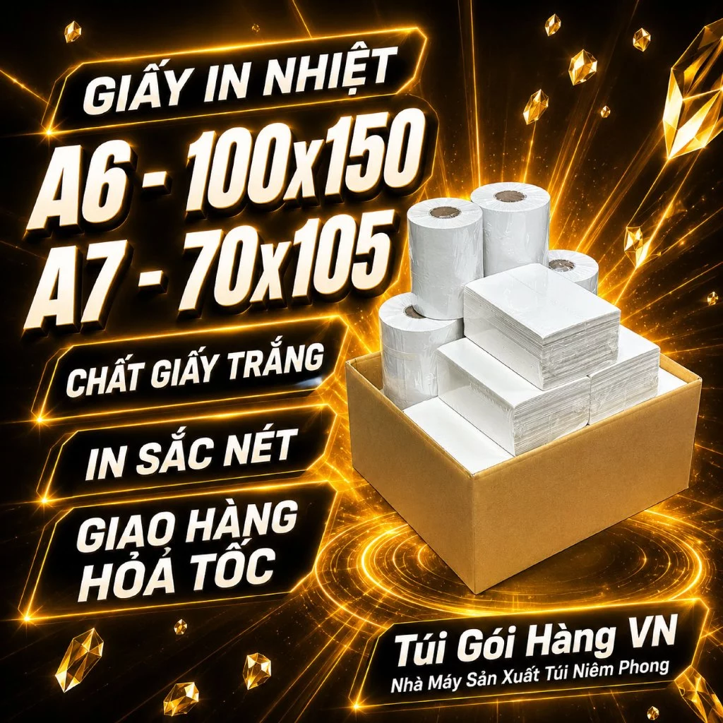 Giấy In Cảm Ứng Nhiệt 100x150, 75x105 Khổ A6/ A7 Có sẵn lớp dán, Sử dụng cho máy in nhiệt, Giá Đã Bao Gồm VAT