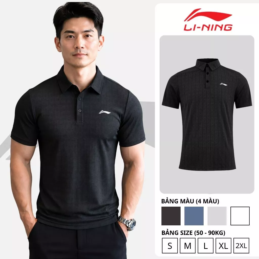 Áo polo nam Li-Ning C35, Áo nam vải thể thao co giãn thấm hút mồ hôi, Áo thể thao tập gym chạy bộ