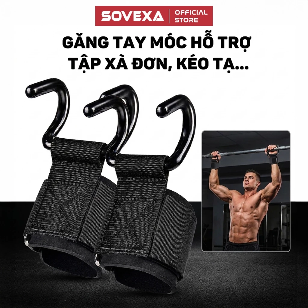 Găng Tay Móc Sắt Hỗ Trợ Tập Xà Đơn SOVEXA Quấn Cổ Tay Chống Chai Tay Tăng Lực Kéo Gym Deadlift