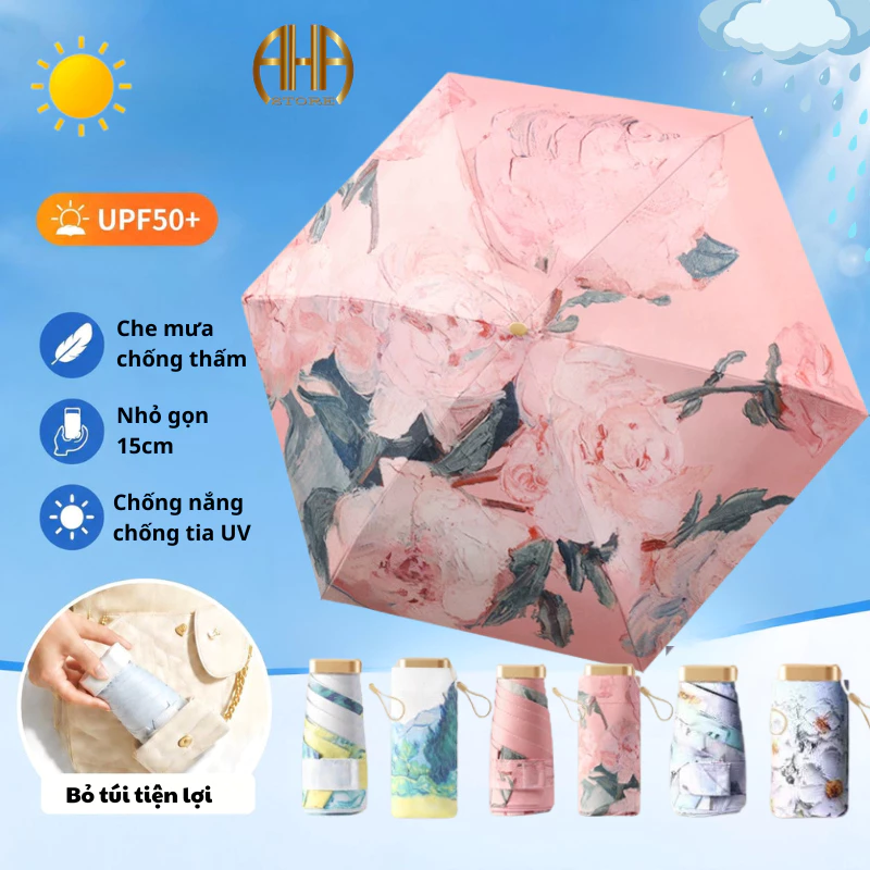 Ô Che Mưa Loại Lớn 6 Nan Khung Nhôm Bền Chắc Chắn, Dù Che Nắng Hình Tranh Hoa Cầm Tay Gấp Gọn Bỏ Túi