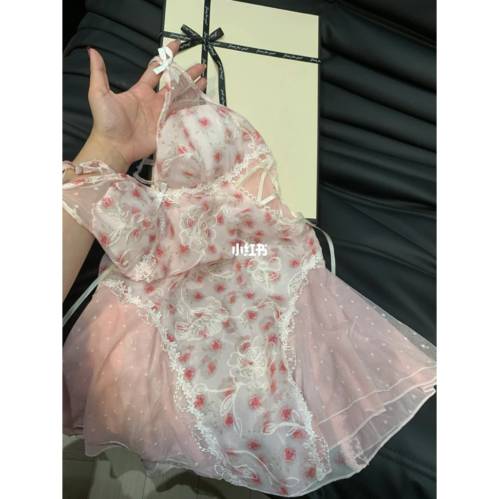 MEIQUIYI Đầm ngủ hai dây ren nơ hoa hồng hai lớp chiết eo đầm ngủ xinh xắn cho nữ