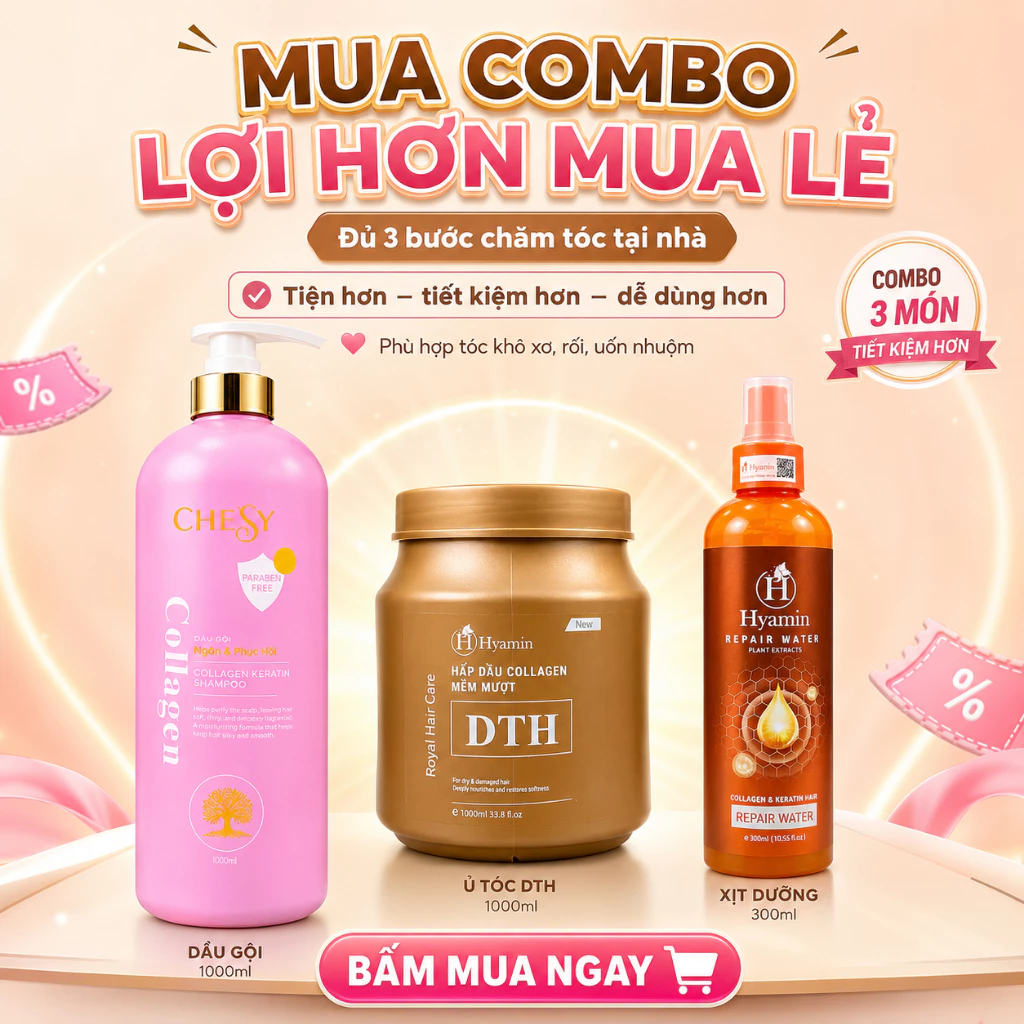Combo Chăm Sóc Tóc Toàn Diện Chesy Dầu Gội 1000ml Ủ Tóc DTH 1000ml Xịt Đạm 300ml