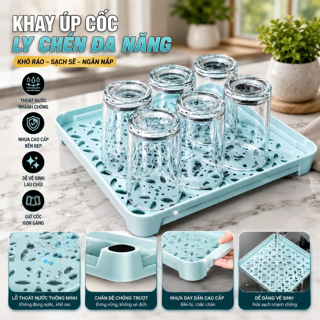Khay Úp Cốc Bàn Uống Nước Đa Năng - Kệ Khay Để Ly Chén Gọn Gàng Tiện Lợi , Dễ Vệ Sinh, Hàng Cao Cấp