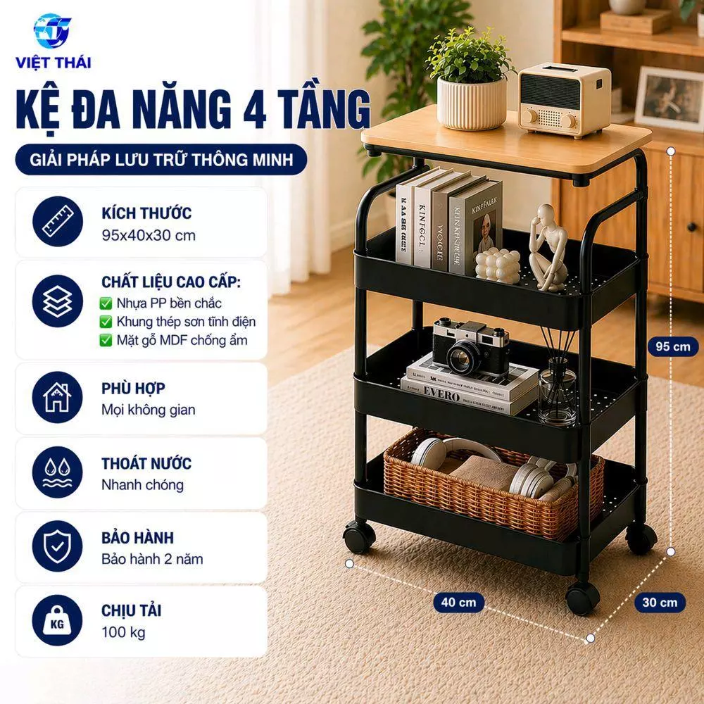 Kệ Gia Dụng Đa Năng 3 Tầng 4 Tầng Mặt Gỗ MDF Khung Thép Sơn Tĩnh Điện Có Bánh Xe 360 Độ