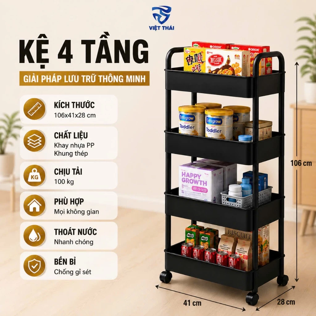 Kệ Đựng Đồ 3–4 Tầng | Khung Thép Chắc Chắn, Khay Nhựa PP Chịu Lực | Có Bánh Xe Đa Năng