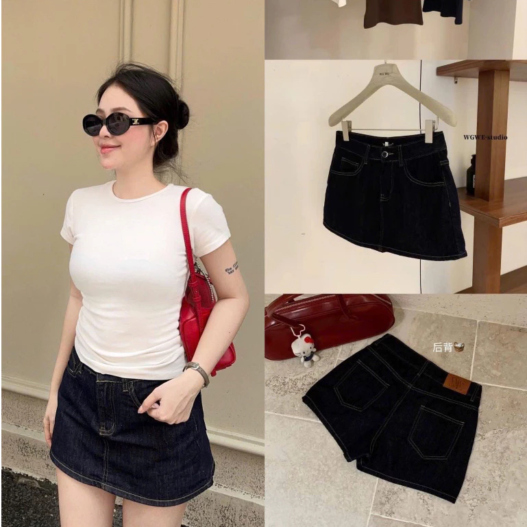 Quần váy jean xanh kẻ WGWE - Hàng Qc (kèm ảnh thật)