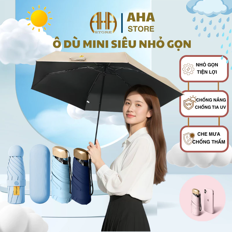 Ô Dù Mini Để Túi Siêu Gọn Che Nắng Mưa Khi Đi Du Lịch, Đi Học, Văn Phòng, Cao Cấp Chống Tia UV