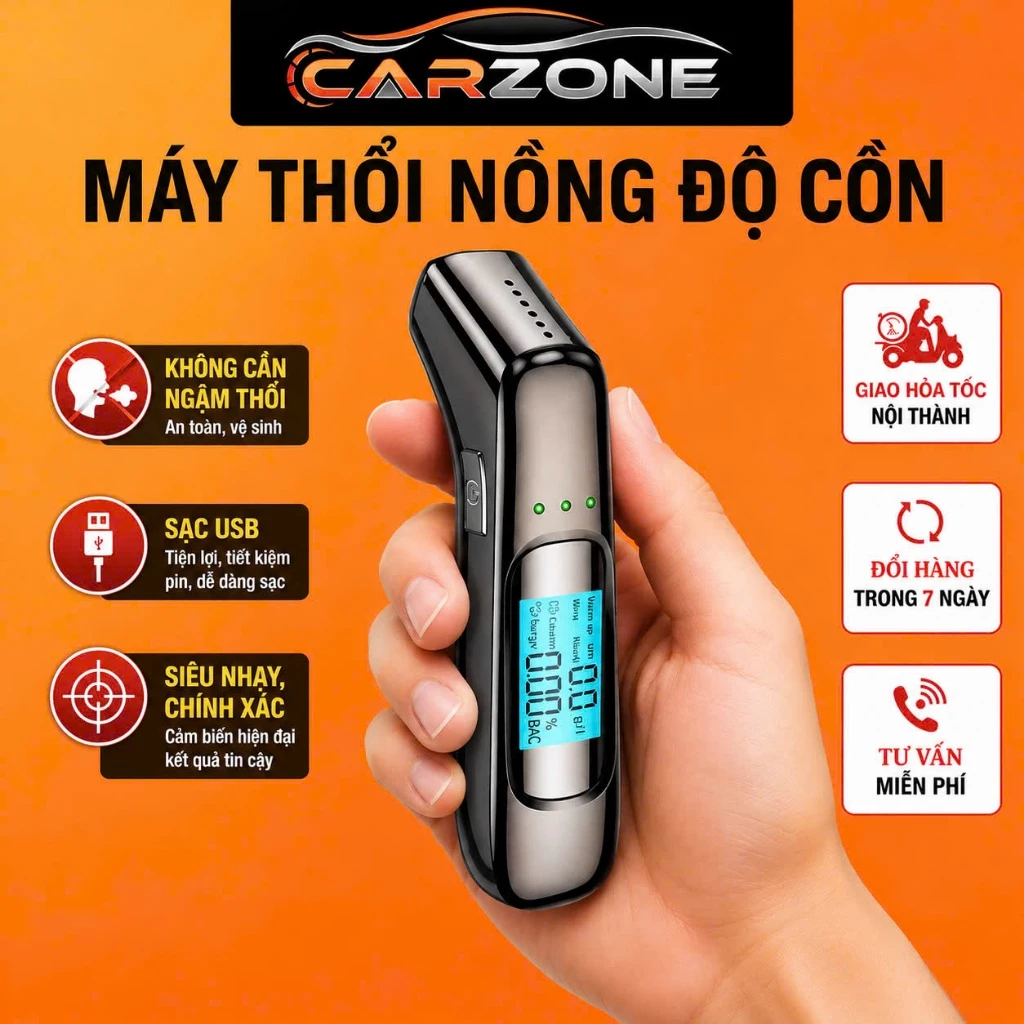 Máy Đo Nồng Độ Cồn Hơi Thở CARZONE C07 Cầm Tay Cho Tài Xế - Tự Kiểm Tra Trước Khi Lái Xe, LCD, Sạc USB