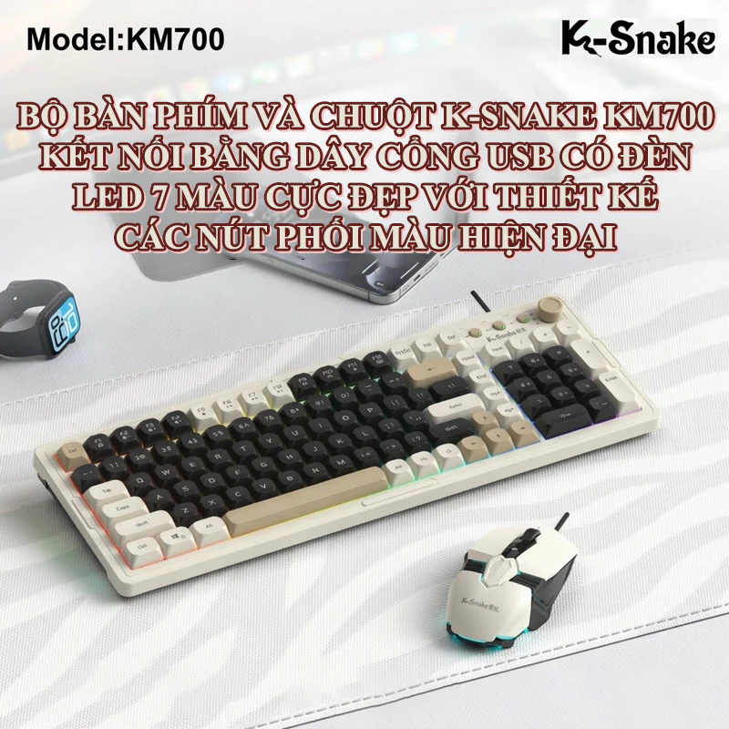 COMBO phím chuột chơi game có dây K-SNAKE KM700/ K7 với 101 phím giả cơ có đèn led 7 màu chớp nháy