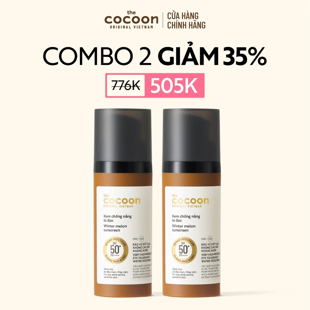 [MUA 2 GIẢM 35%] Combo 02 Kem chống nắng bí đao quang phổ rộng SPF 50 +, PA ++++ Cocoon 50ml