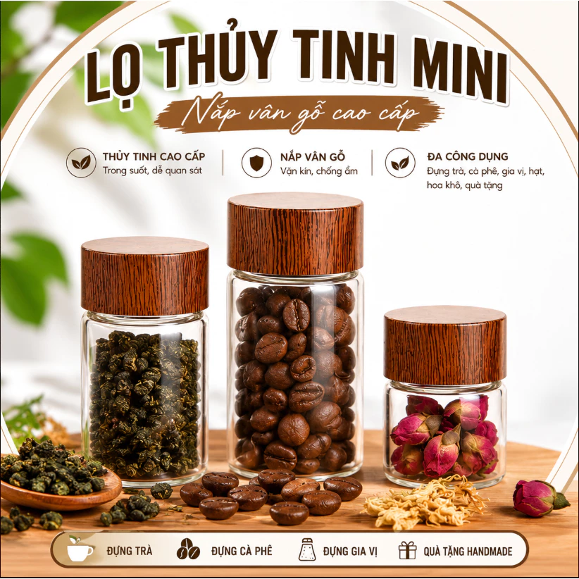 Lọ Thủy Tinh Mini Nắp Vân Gỗ 10/20/30ml Đựng Trà, Cà Phê, Gia Vị, Hạt, Hoa Khô Decor