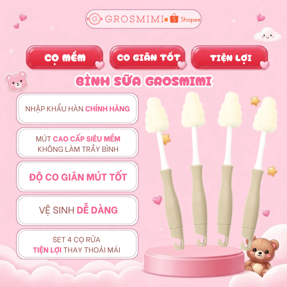 [Set 4 Cọ] Cọ Núm, Bình Grosmimi Cao cấp, Mút mềm Tiện lợi Vệ sinh Đa năng - Nhập Hàn Chính Hãng