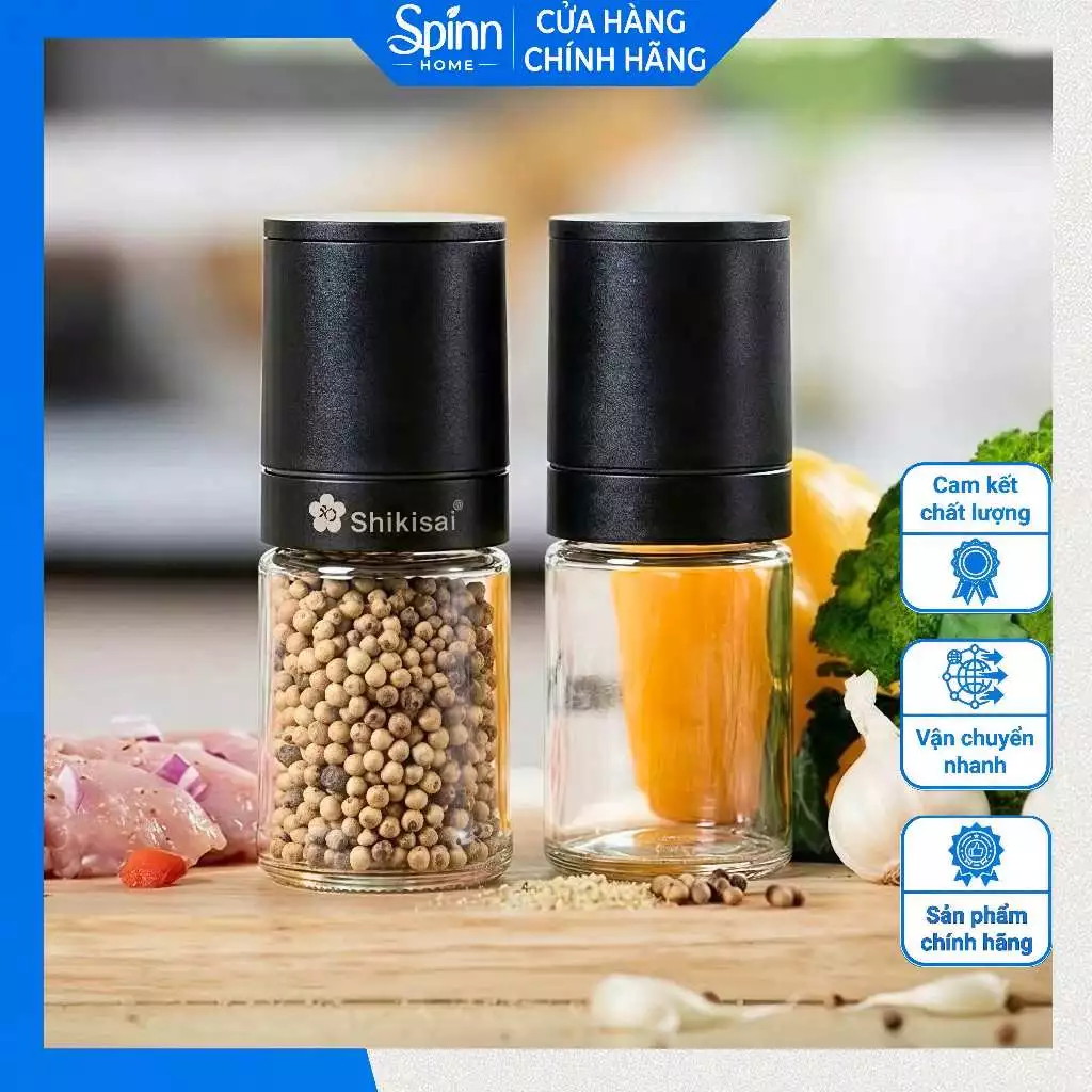 Máy xay tiêu mini cầm tay Shikisai cao cấp, lọ xay muối tiêu thủy tinh gia vị nhà bếp tiện lợi