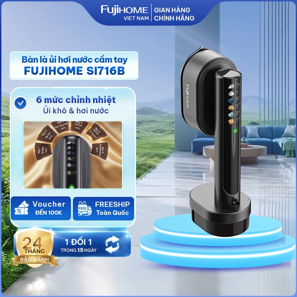Bàn là hơi nước cầm tay Fujihome SI716B gấp gọn 1200W, bàn ủi hơi mini 6 chế độ chỉnh nhiệt bảo vệ sợi vải