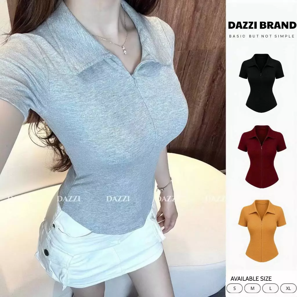 [MÀU MỚI 2026] Áo thun nữ cổ bẻ phối dây kéo DAZZI , áo polo nữ ôm dáng vải cotton mịn DAZZI A022