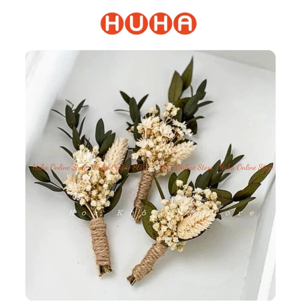 Hoa cài áo chú rể phong cách Bắc Âu - Hoa baby khô cùng các lá điểm - hoa khô Huha
