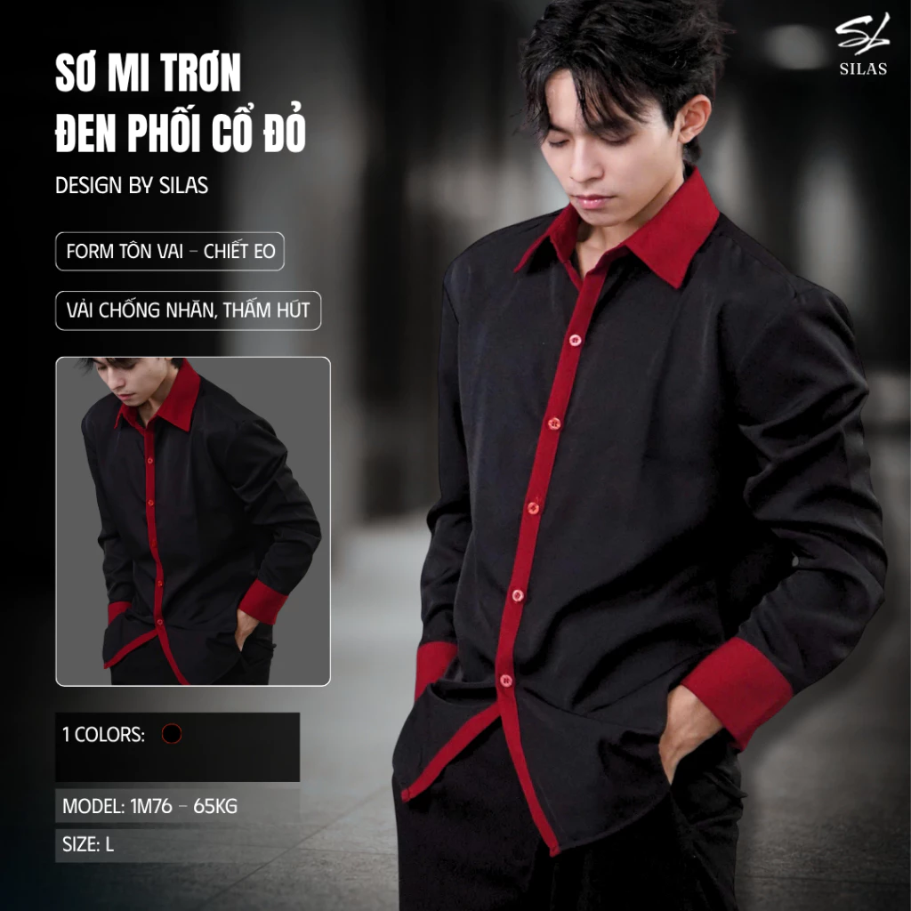 (Form Tôn Vai) Áo Sơmi SILAS Trơn Đen Phối Cổ Đỏ Menswear Cotton Chéo Cổ Bẻ Form Rộng - ASL4A