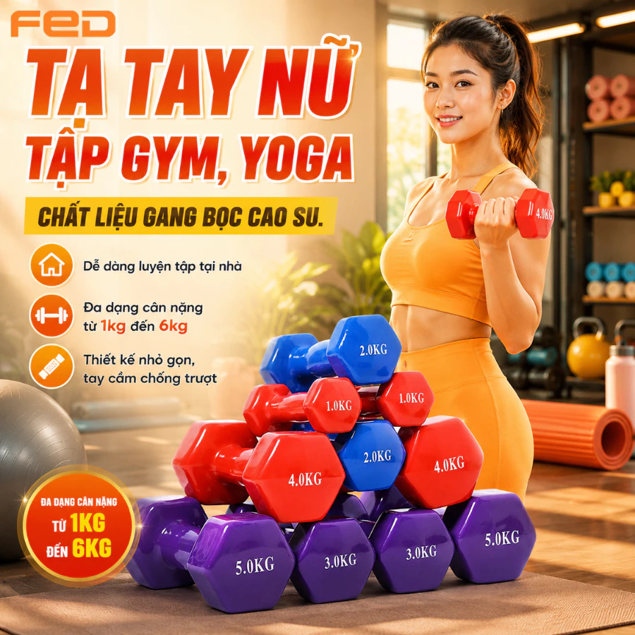 Tạ Tập Gym Tại Nhà V-Tap Chất Liệu Gang Bọc Cao Su, Tạ Tay Nữ Chuyên Tập Gym, Yoga Cân Nặng Từ 1-6kg