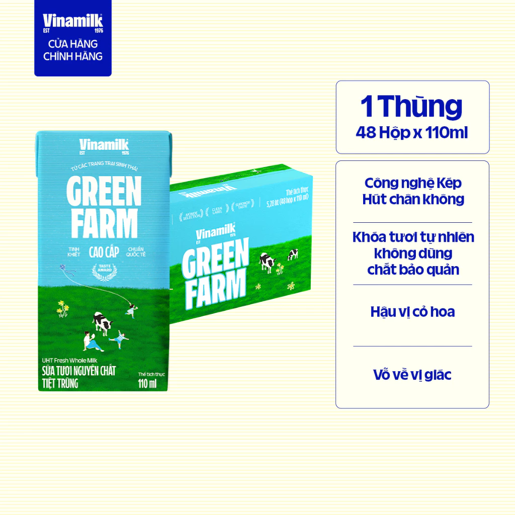 Thùng 48 hộp Sữa tươi nguyên chất tiệt trùng Green Farm 100% Không đường Hộp 110ml