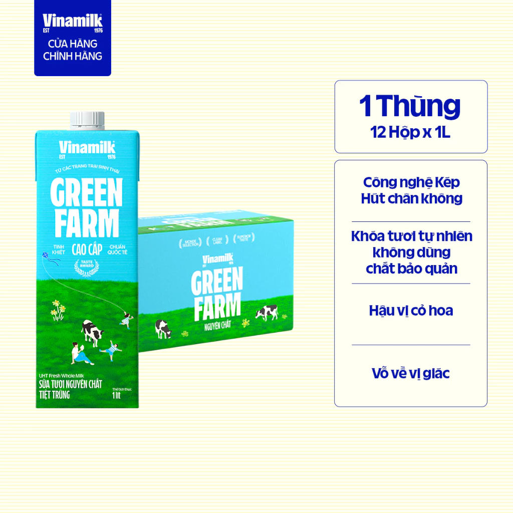 Thùng 12 hộp Sữa tươi tiệt trùng Không đường Vinamilk Green Farm - hộp 1L