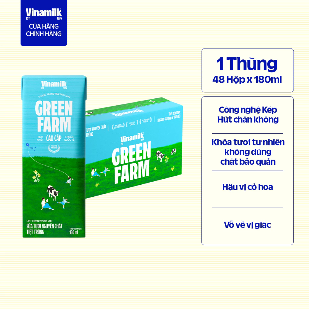 Thùng 48 hộp Sữa tươi nguyên chất tiệt trùng Green Farm 100% không đường Hộp 180ml