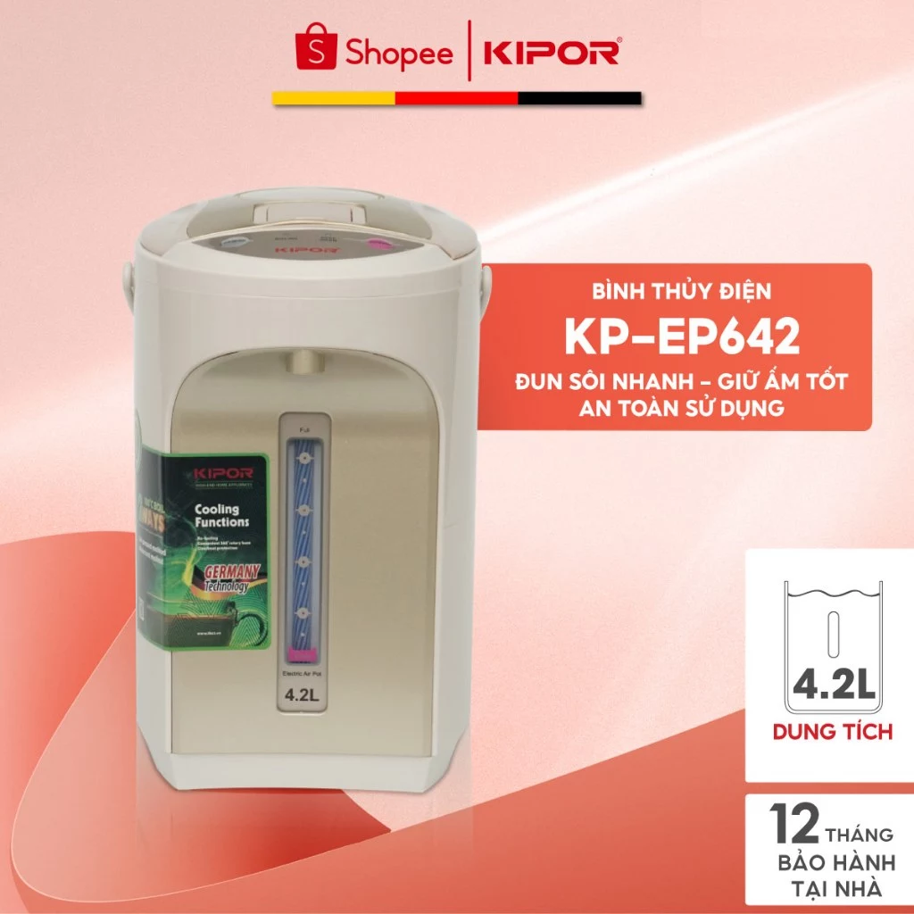 Bình thuỷ điện KIPOR KP-EP642-4,2L-Ruột bình inox 304-chế độ tự bật/ngắt,3 chế độ lấy nước-Bảo hành tại nhà 12 tháng