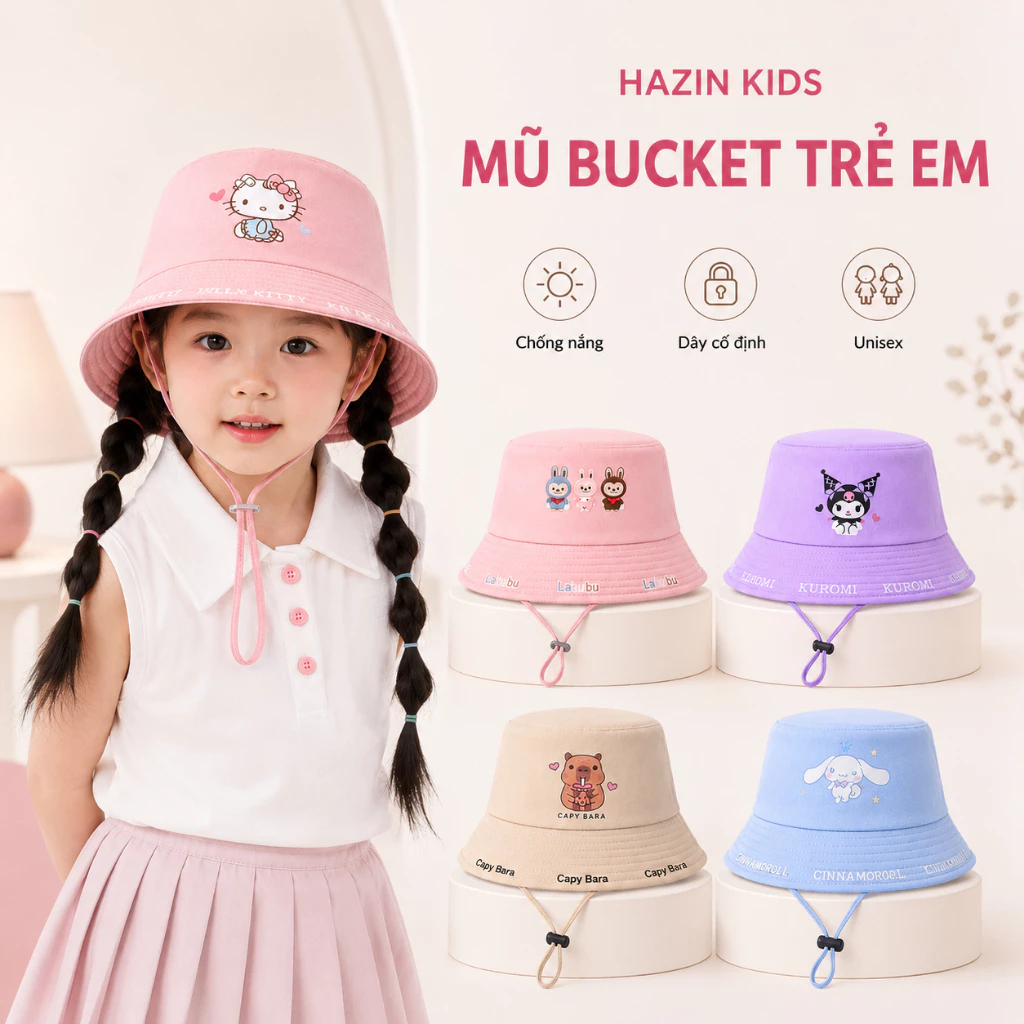 Mũ bucket vành cụp cho bé từ 3-8 tuổi cá tính dễ thương vải cotton dày dặn, nón tai bèo vành tròn phong cách