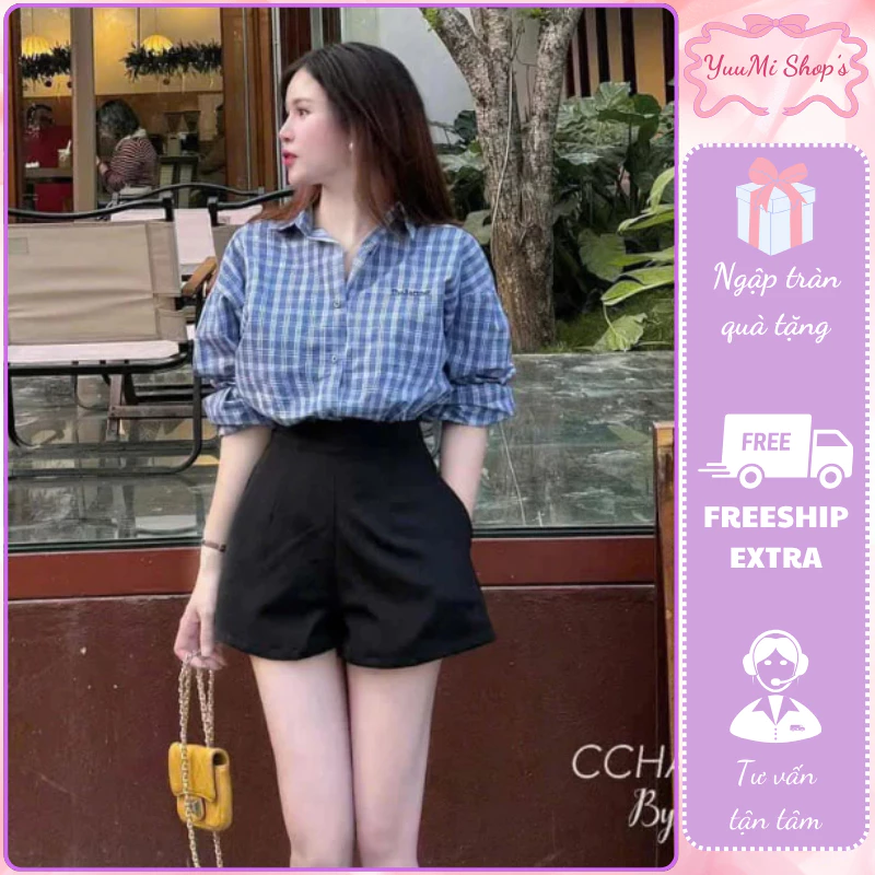 Áo kiểu sơ mi caro xanh phối cúc basic outfit nữ sinh năng động trẻ trung thời trang hè hot trend HCOM25082
