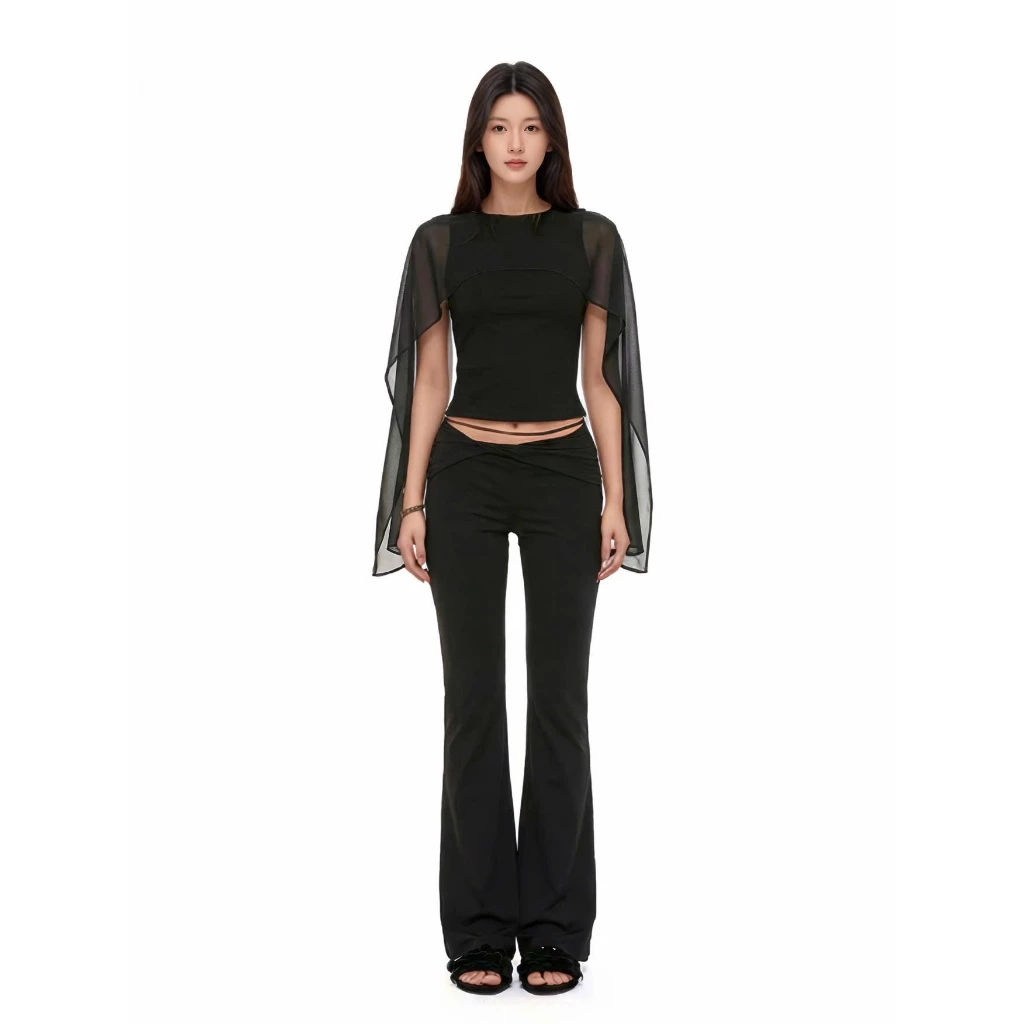 Áo cổ tròn phối voan dáng ôm trắng/đen T15 Bigsize - Orimi