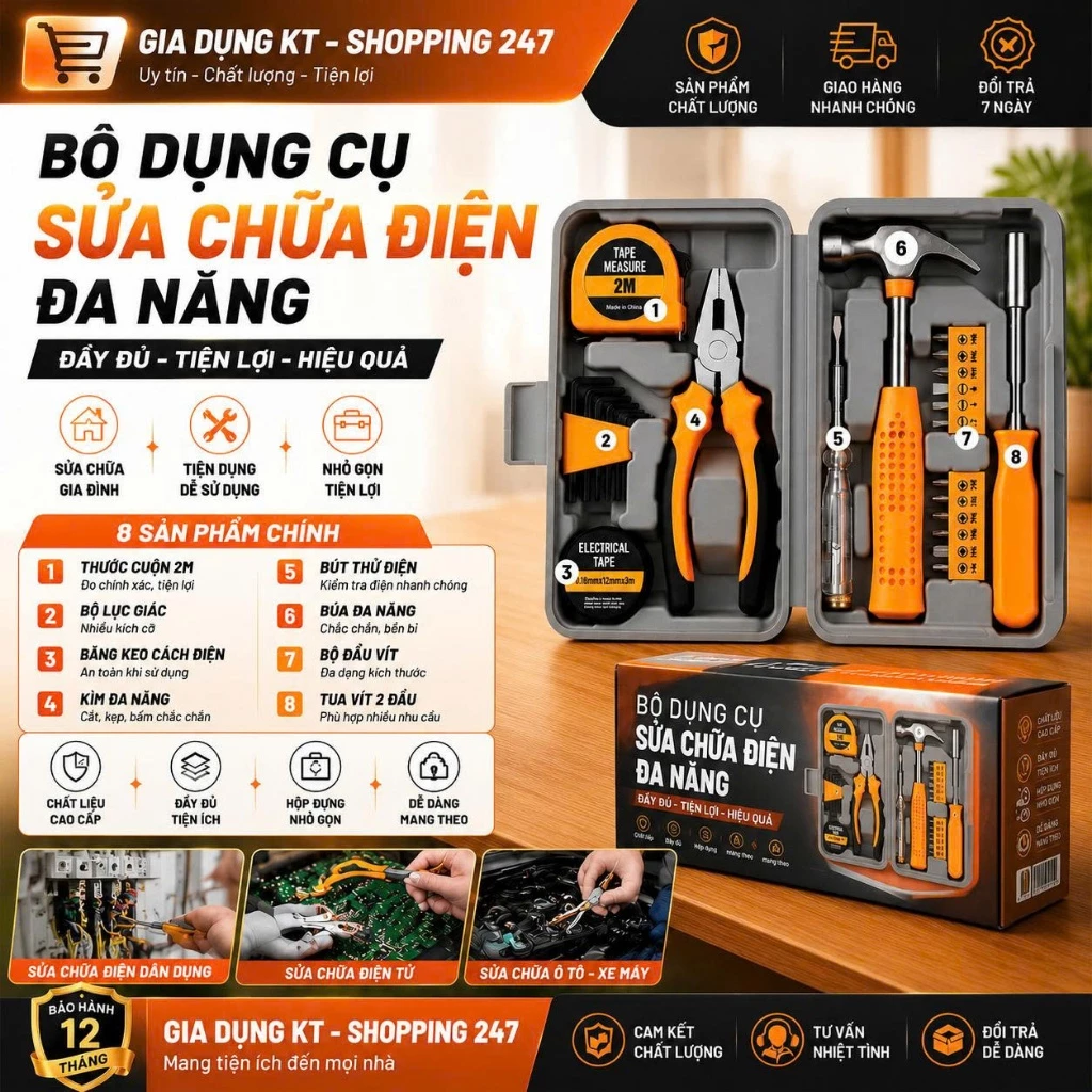 Bộ Dụng Cụ Sửa Chữa Đa Năng 7 Món 24 Chi Tiết Có Hộp Đựng Cứng Cáp - Bộ Dụng Cụ Sửa Điện Tiện Ích Cho Mọi Gia Đình