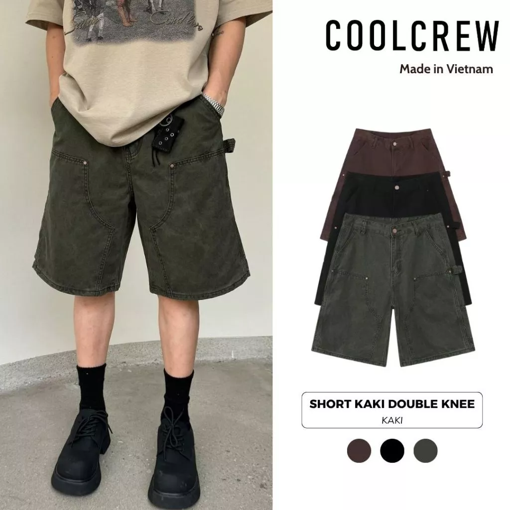 Quần Short Kaki Ống Rộng 𝐂𝐎𝐎𝐋𝐂𝐑𝐄𝐖 Double Knee Dáng Lửng Streetwear Unisex Phong Cách Hàn Quốc QTL005