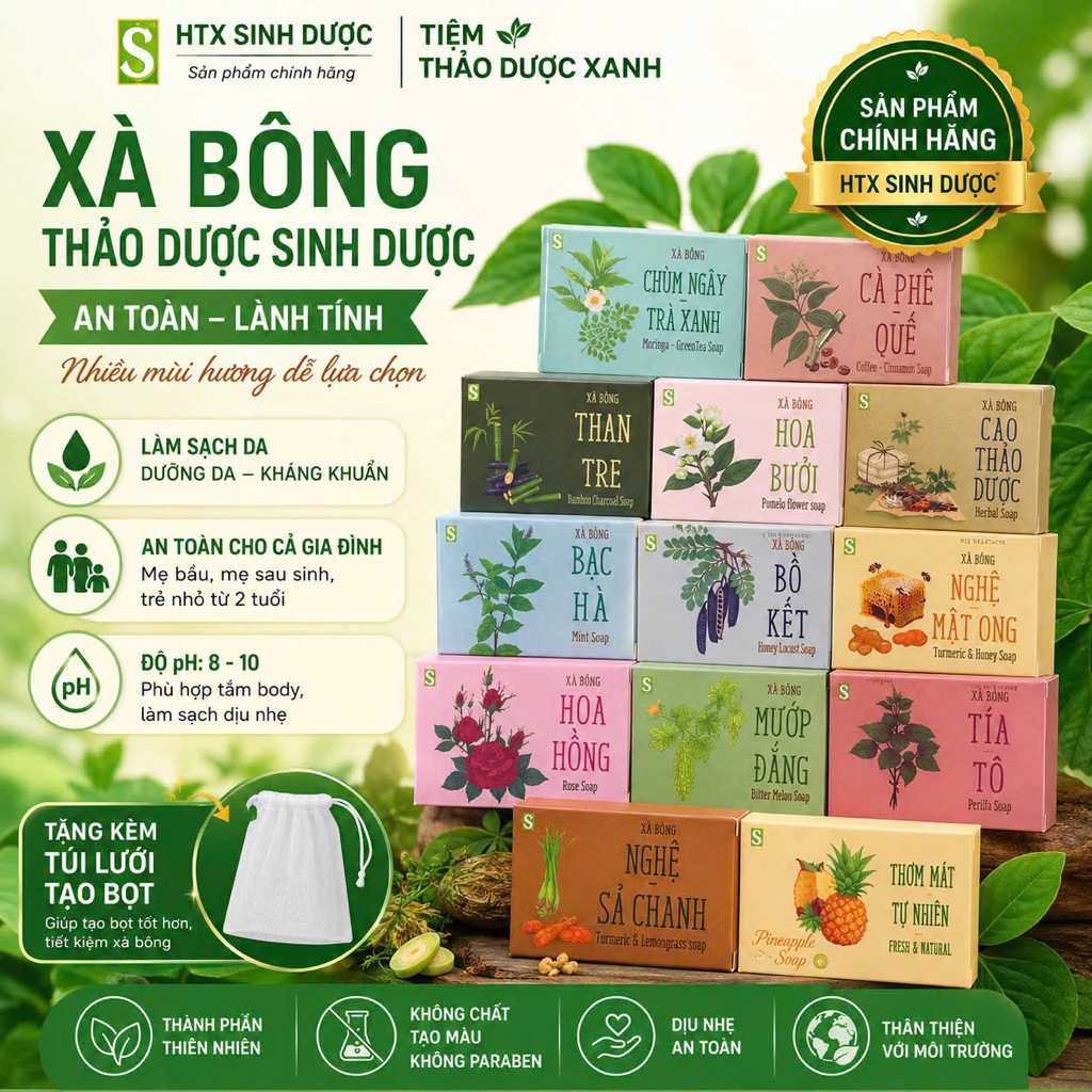 Xà bông sinh dược, xà phòng  giảm mụn lưng, sáng da chính hãng HTX Sinh Dược ( tặng túi lưới)