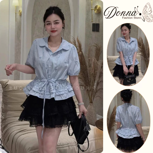 Áo sơ mi nữ kẻ sọc thắt eo dáng peplum cổ đức tay phồng bo chun bèo tầng phong cách Hàn Quốc HCOM25818
