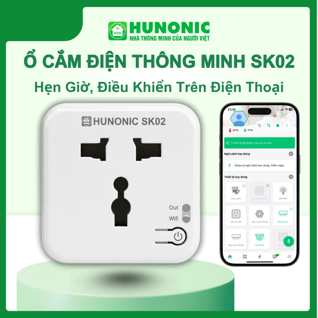 Ổ Cắm Thông Minh Wifi Hunonic SK02 16A Công Suất 3000W Hẹn Giờ Bật Tắt Từ Xa Trên Điện Thoại