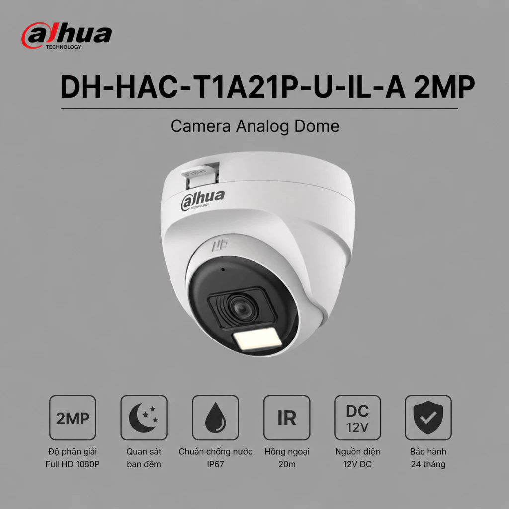 (TẶNG HKT)Camera Analog Dome Dahua DH-HAC-T1A21P-U-IL-A 2MP Có Màu Ban Đêm Tích Hợp Mic
