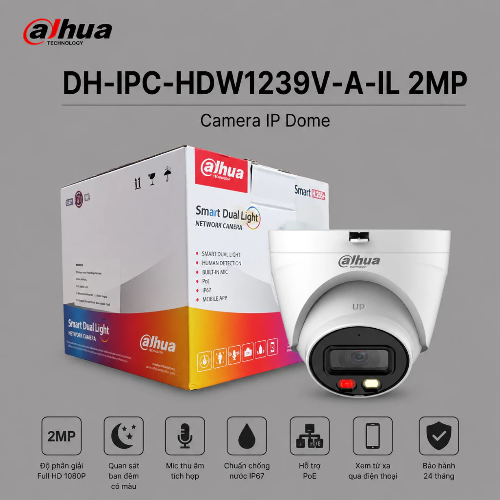 (TẶNG HKT)Camera IP Dahua DH-IPC-HDW1239V-A-IL 2MP Có Mic Ánh Sáng Kép Hồng Ngoại 30m Chuẩn IP67