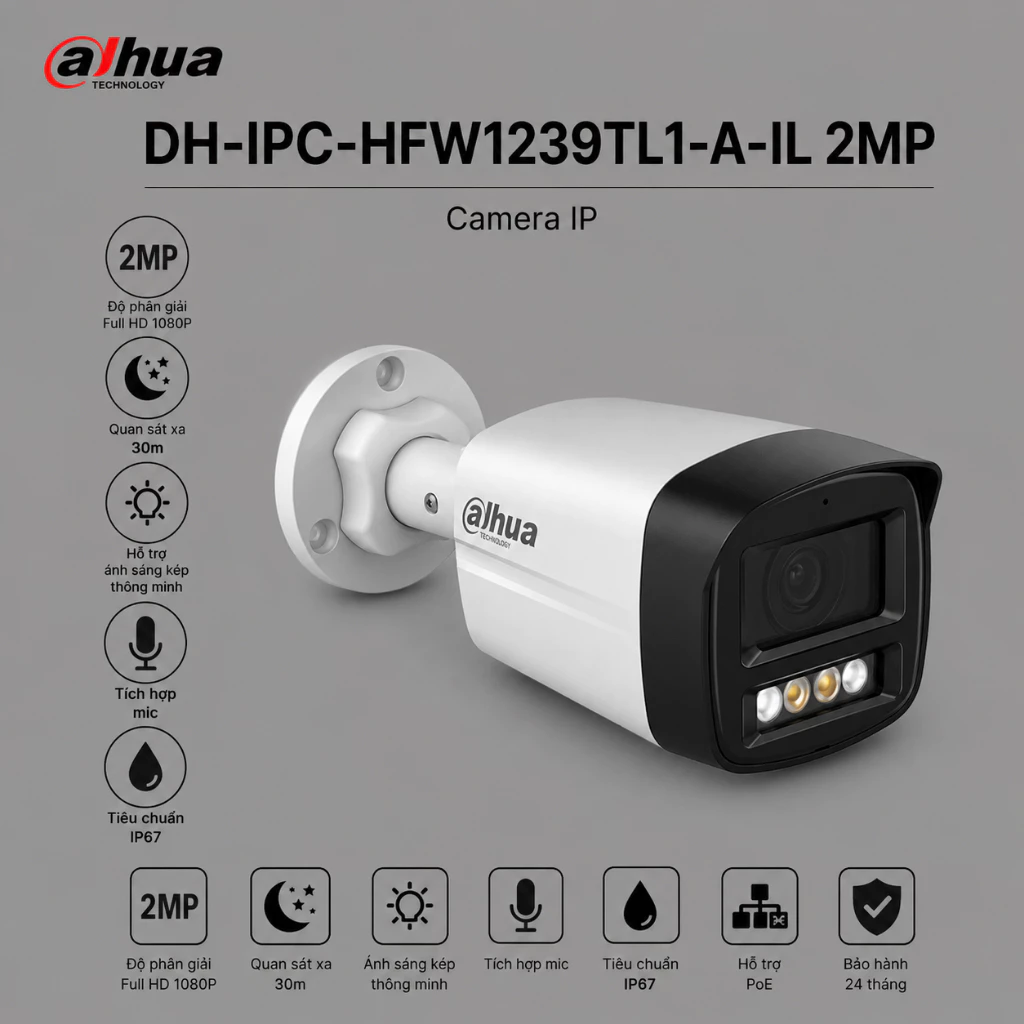 (TẶNG HKT)Camera Dahua DH-IPC-HFW1239TL1-A-IL 2MP ánh sáng kép thông minh ghi hình màu ban đêm rõ