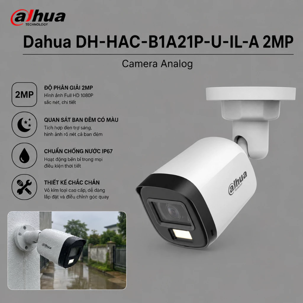 (TẶNG HKT)Camera Ngoài Trời Analog Dahua DH-HAC-B1A21P-U-IL-A/HFW1200RLP Cố Định Chống Nước IP67