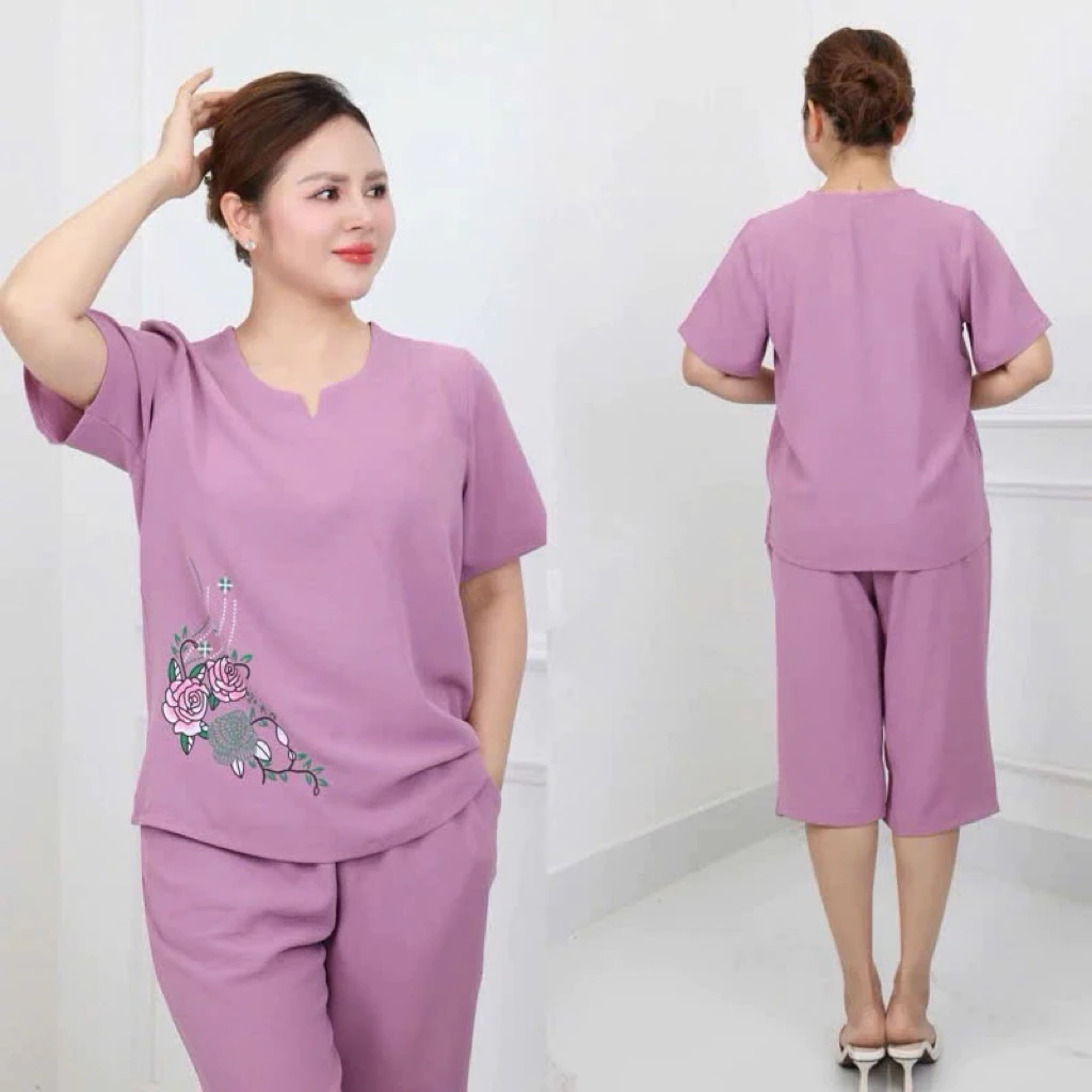Set đồ bộ trung niên ms19 - Lụa đũi cao cấp, mát nhẹ quần lửng suông, áo cổ tròn dễ mặc