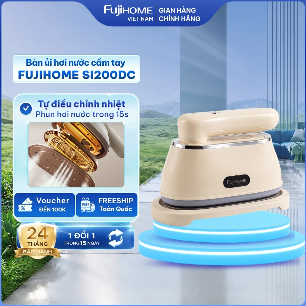 Bàn ủi khô và hơi nước gấp gọn mini 1200W Nhập khẩu Fujihome SI200DC, bàn là du lịch cầm tay điều chỉnh nhiệt bảo vệ vải