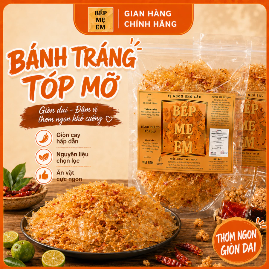 Bếp Mẹ Em, Bánh Tráng Tóp Mỡ - Full Topping Kèm Hành Phi / Sốt Me / Sa Tế / Tóp Mỡ - Ăn Vặt Siêu Cuốn