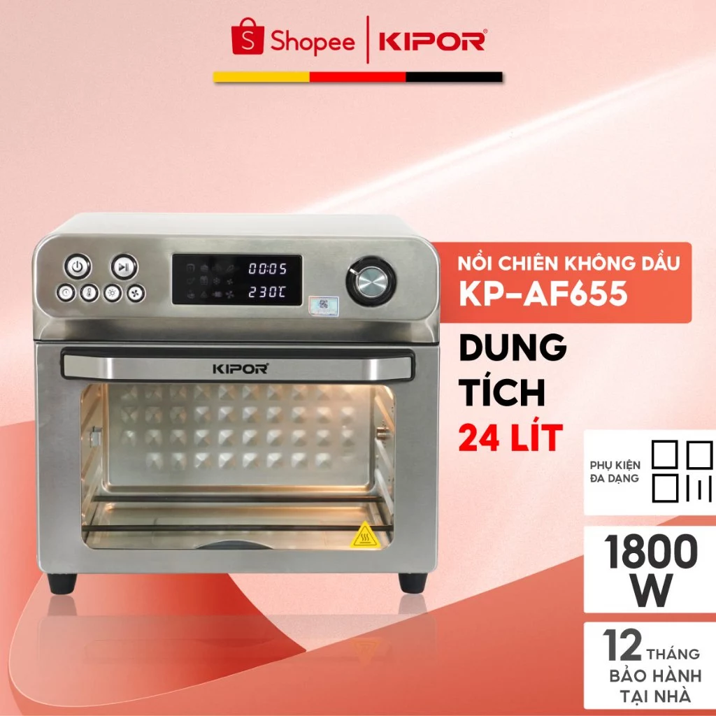 Nồi chiên không dầu KIPOR KP-AF655-24L-Nướng 2 mặt trên dưới RAPID AIR đối lưu-Thân inox304-Bảo hành tại nhà 12 tháng