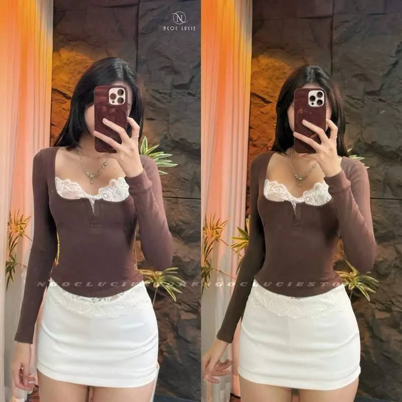 A201 - Áo Ôm Body Tay Dài Xẻ Phối Viền Ren Vải Bozip - Ngọc Lucie