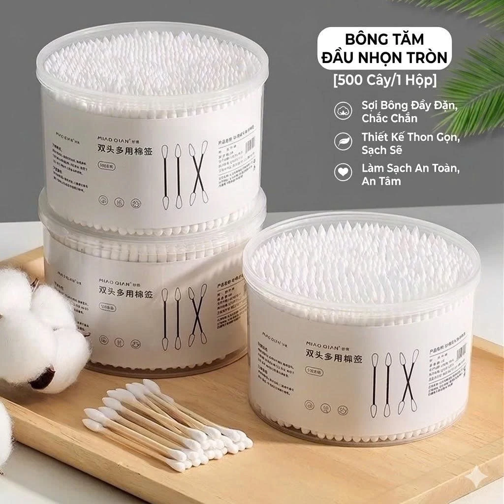 Hộp 500 tăm bông ráy tai cotton 2 đầu thân gỗ an toàn vệ sinh 0.5x7.5cm Hộp 500 tăm bông 2 đầu vệ sinh tai, mũi