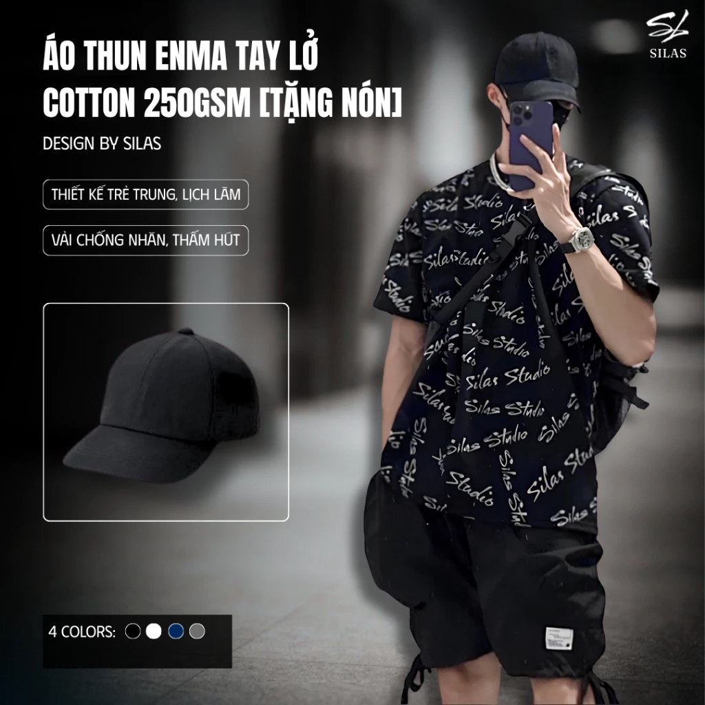 Áo Thun Silas Enma Tay Lở Unisex Cotton 250GSM Hoạ Tiết Chữ Form Rộng- ASLC12